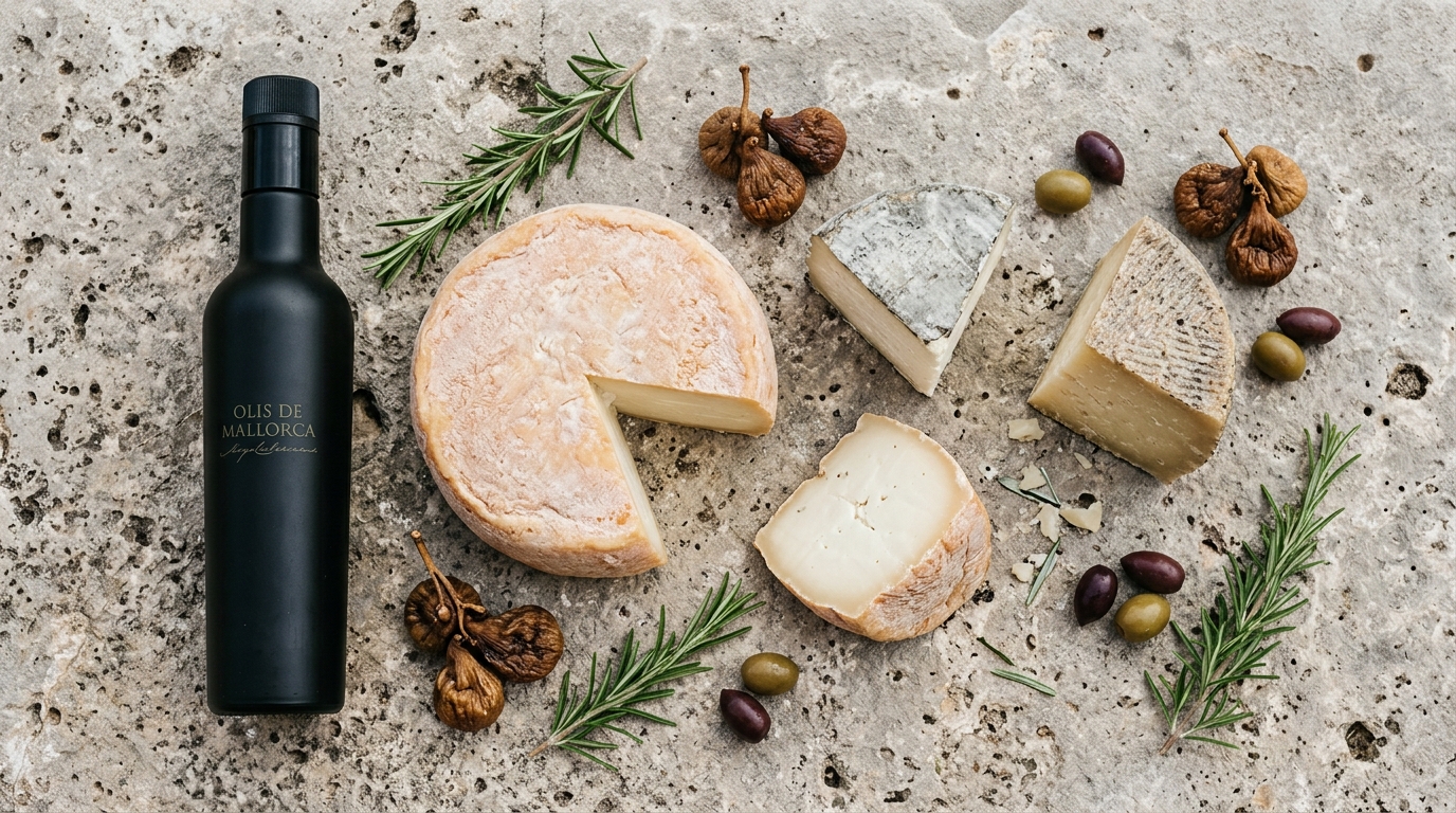 Quesos artesanales mallorquines sobre piedra con aceite virgen extra y hierbas aromáticas.