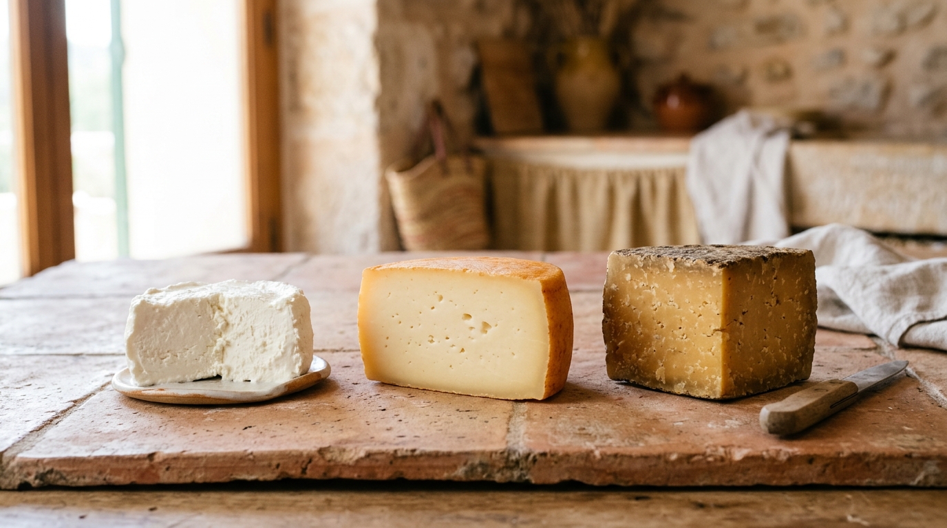 Handwerkliche Käsesorten aus Mallorca: Sorten, Herstellung und Weinbegleitung 2 Drei Sorten mallorquinischer Käse mit unterschiedlichen Texturen und Massefarben.