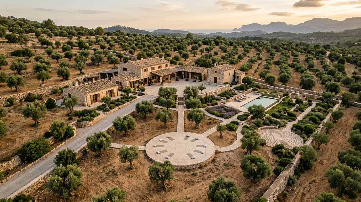 Vista aérea de finca mallorquina con olivares, edificios rústicos y espacios de meditación distribuidos estratégicamente.