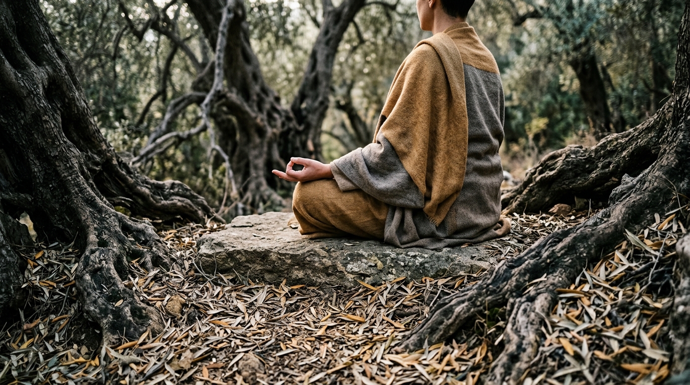 Persona en meditación sentada entre raíces de olivos antiguos, luz suave matutina, meditación entre olivos para bienestar.