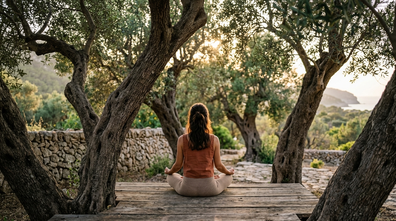 Sesión de yoga en una plataforma de madera rodeada de olivos antiguos con luz dorada de atardecer, retiros de bienestar en