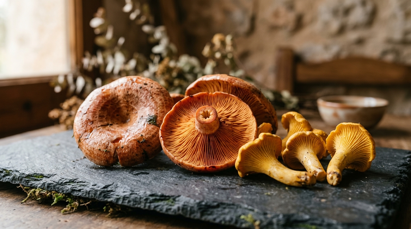 Variedad de setas mallorquinas como esclata-sang y picornell sobre pizarra oscura, con detalles de láminas visibles y tonos