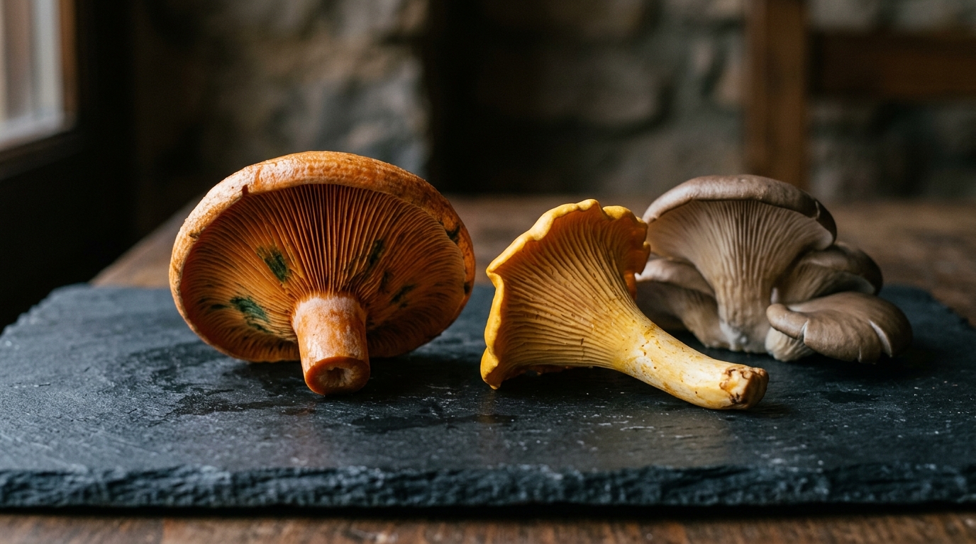 Setas de Mallorca: temporadas, especies, normas y recetas 2 Variedad de setas mallorquinas como esclata-sang y picornell sobre pizarra oscura, con detalles de láminas visibles y tonos