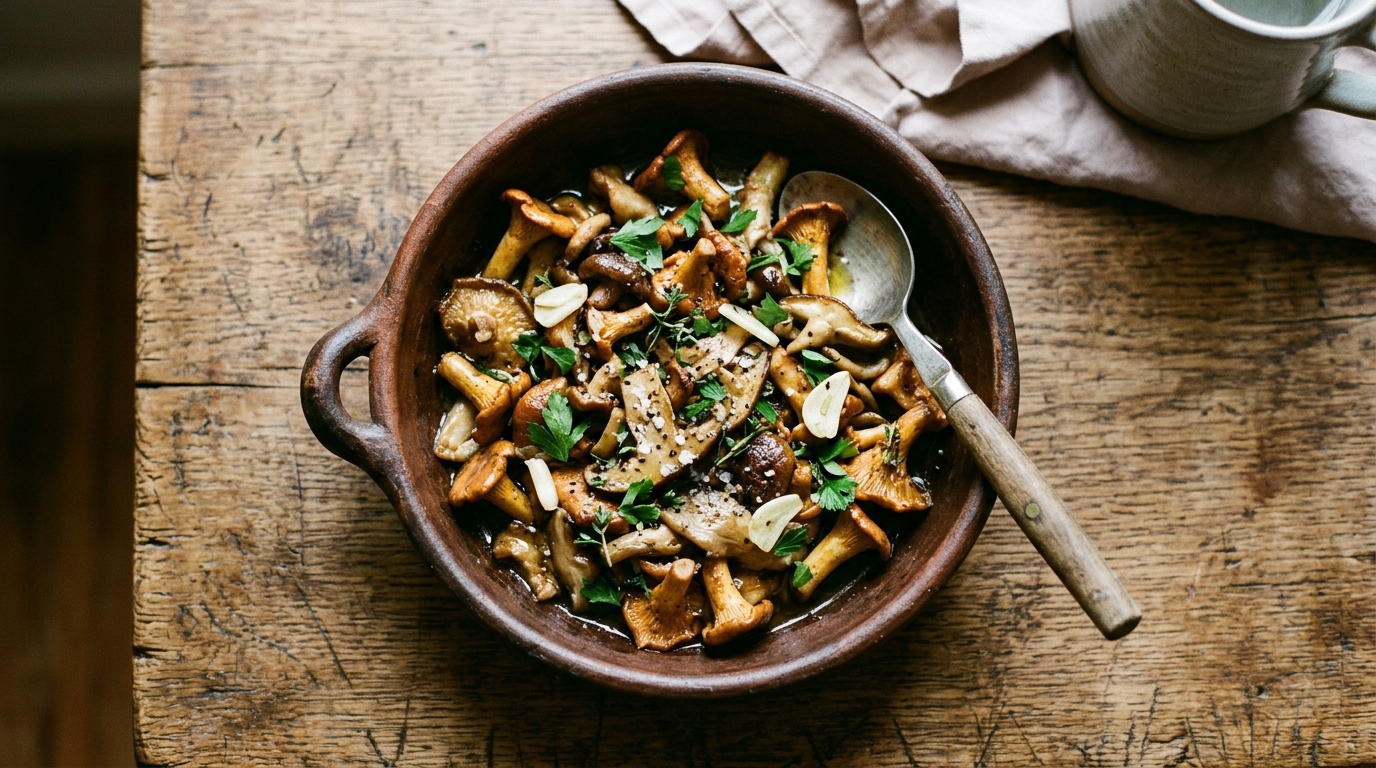 Plato de setas salteadas en cazuela cerámica rústica con ajo y hierbas aromáticas, receta tradicional mallorquina.