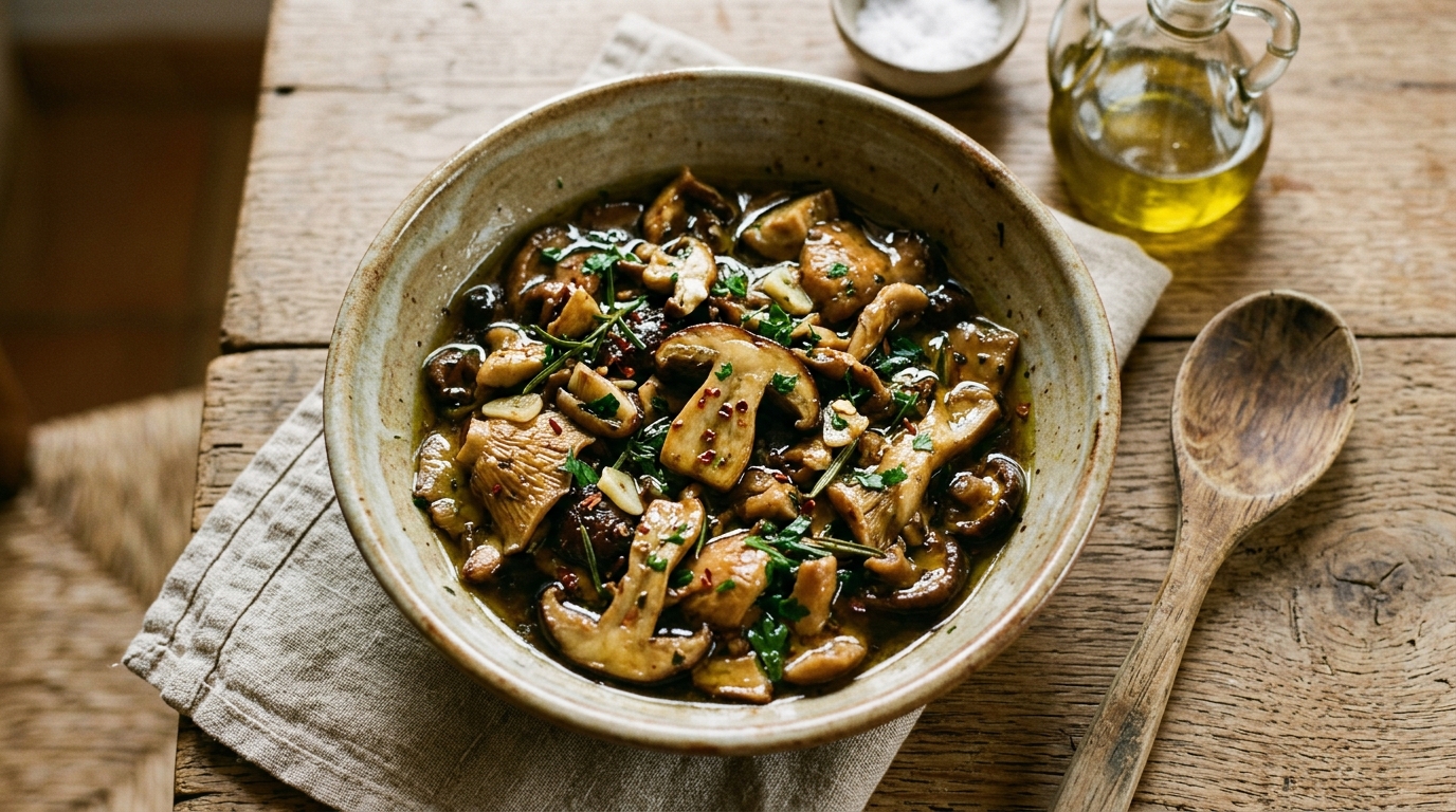 Setas de Mallorca: temporadas, especies, normas y recetas 3 Plato de setas salteadas en cazuela cerámica rústica con ajo y hierbas aromáticas, receta tradicional mallorquina.