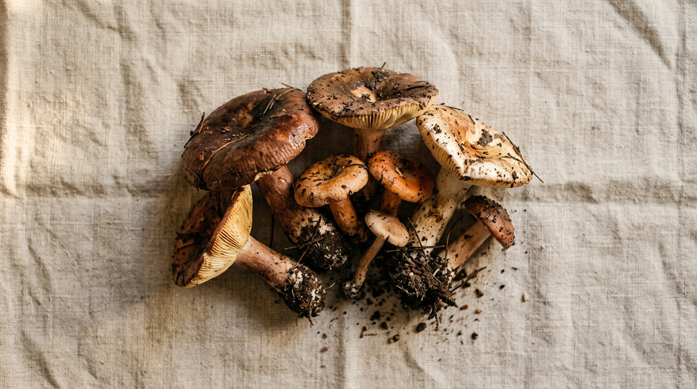 Gourmet 16 Setas frescas de Mallorca sobre tela natural con luz matinal, mostrando hongos silvestres con tierra húmeda en los sombreros.