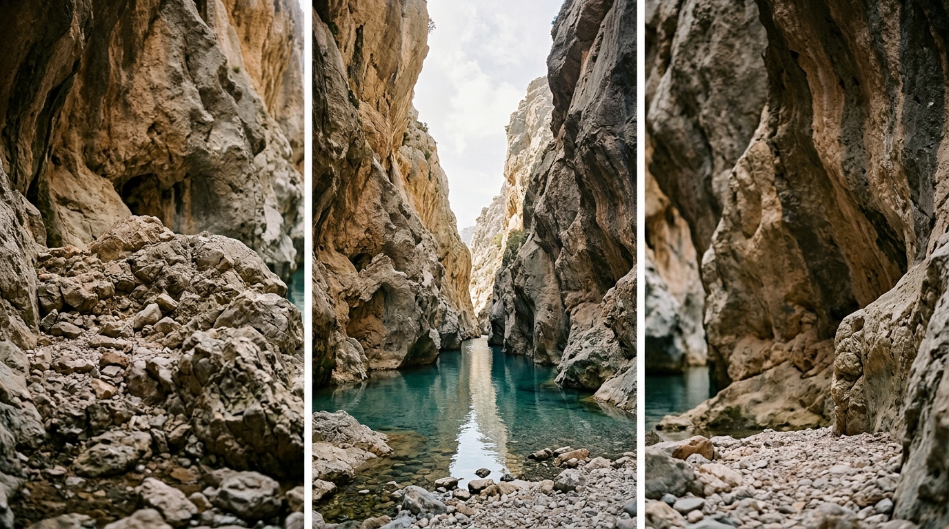 Garganta del Torrent de Pareis con acantilados de piedra caliza y aguas turquesas en la Serra de Tramuntana.