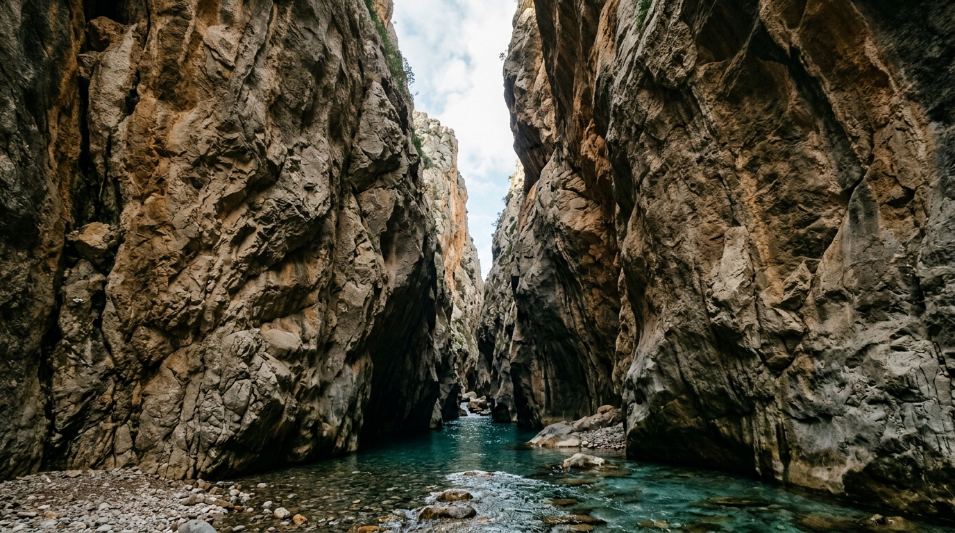 Aceite de oliva virgen extra de Mallorca 141 Garganta del Torrent de Pareis con acantilados de piedra caliza y aguas turquesas en la Serra de Tramuntana.